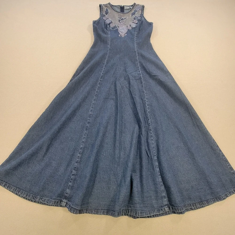 Vintage Styleworks Denim Maxi‎ Dress Blue Embroidered Mesh Floral Boho Women's 4 - Picture 5 of 12